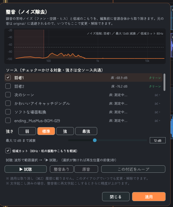 整音の画面。ノイズの指紋を表示し、整音ありと原音を聴き比べられる